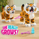 FurReal Gabby the Grow & Roar Tiger shown at two heights with bottle and purple tug toy