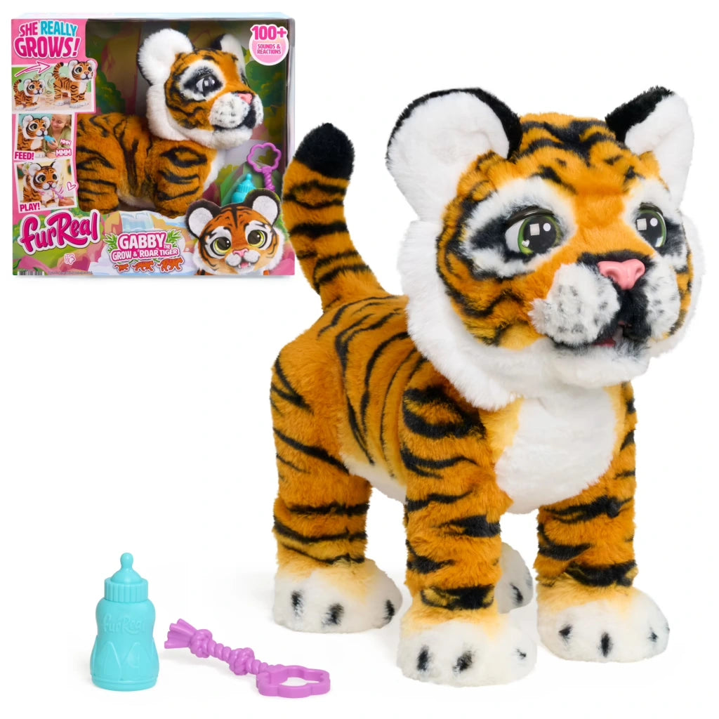 FurReal Gabby the Grow & Roar Tiger with retail box, blue bottle and purple tug toy