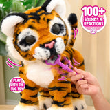 FurReal Gabby the Grow & Roar Tiger biting the purple tug toy with eyes closed