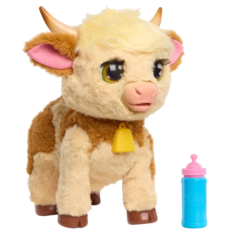 Close-up of FurReal Maggie the Feed & Follow Cow plush toy standing with bottle – Ireland.