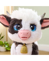 FurReal Riley the Feed & Follow Cow close up showing blue eyes, pink nose and gold bell