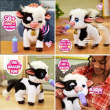 FurReal Riley the Feed & Follow Cow showing petting, bottle following, tail wagging and feeding scenes