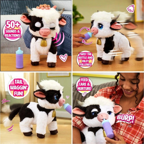 FurReal Riley the Feed & Follow Cow showing petting, bottle following, tail wagging and feeding scenes