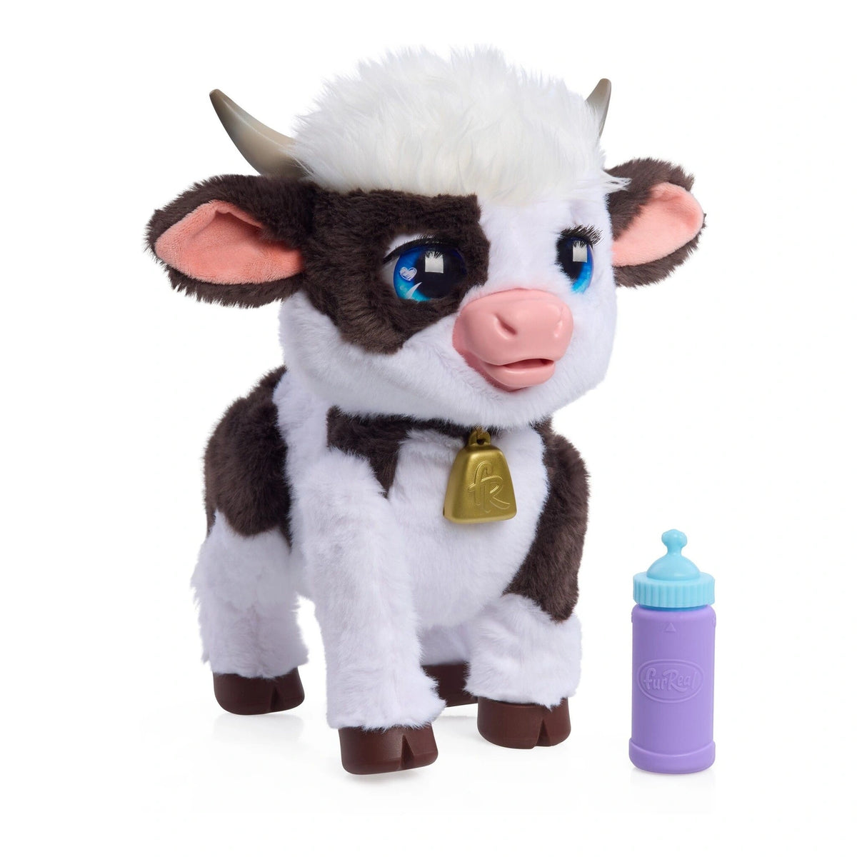 FurReal Riley the Feed & Follow Cow standing beside the purple feeding bottle