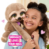 FurReal Snuggles the Smiling Sloth wrapped around a smiling child in a hug