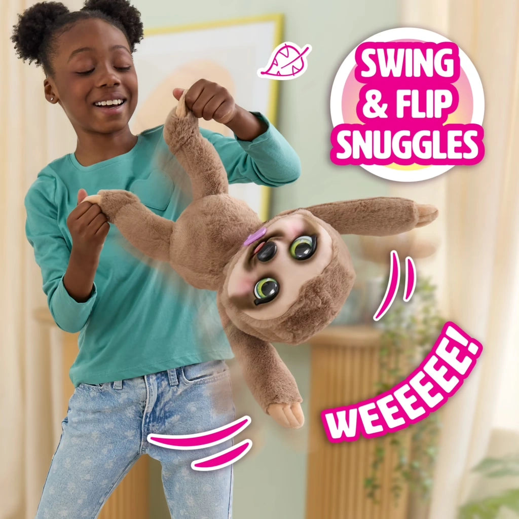 Child swinging FurReal Snuggles the Smiling Sloth by the arms and legs