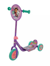 Gabby's Dollhouse Deluxe Tri Scooter full view showing purple frame, teal wheels, character handlebar disc and decorated footdeck