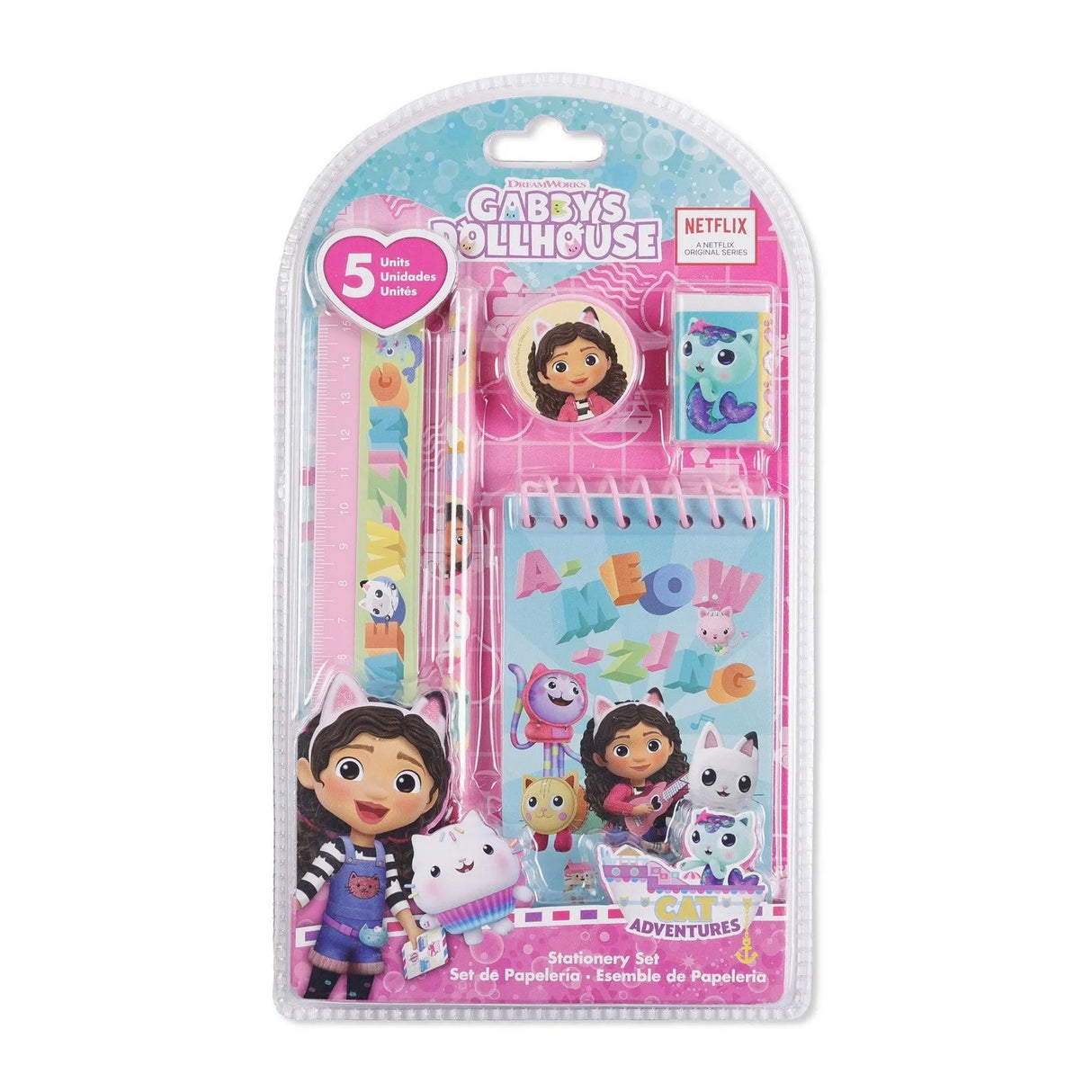 Gabby's Dollhouse 5 Piece Stationery Set in retail packaging with notebook, pencil, ruler, eraser and sharpener visible