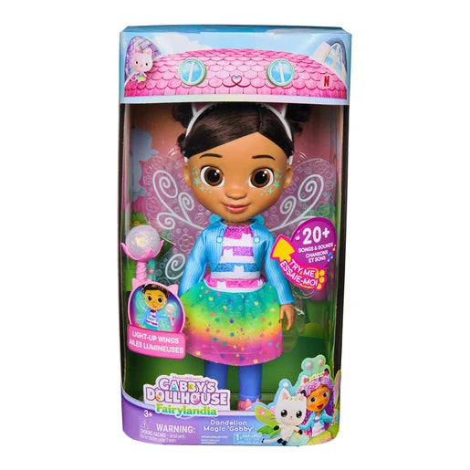 Gabby's Dollhouse Dandelion Magic Gabby Doll in retail packaging with wand and fairy wings visible
