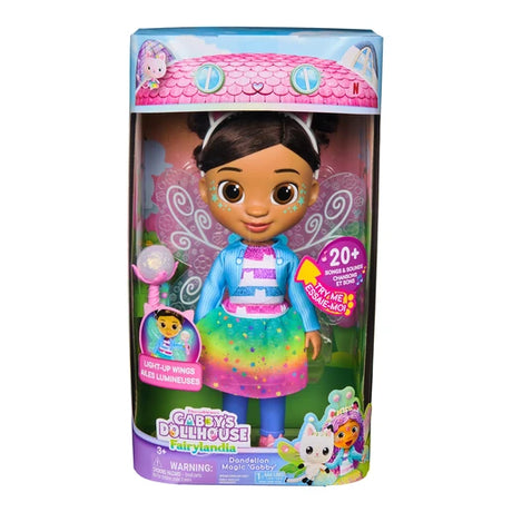Gabby's Dollhouse Dandelion Magic Gabby Doll in retail packaging with wand and fairy wings visible