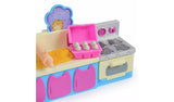 Close view of the blue and pink kitchen counter with rolling pin, open pink egg box, silver stovetop, oven and raised Hamster Kitty picture