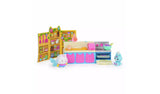 Cakey Cat's Fairy Kitchen with illustrated cupboard backdrop, blue and pink counter, open oven, rolling pin, mixing bowl, winged Cakey Cat figure and blue cat figure wearing a chef hat