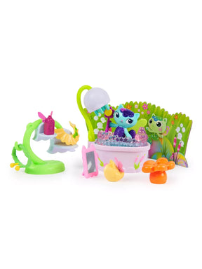 Complete MerCat's Fairy Bathroom set with MerCat in the lavender bubble bathtub, white shower head, green bathroom stand, pink mirror, orange flower seat and accessories