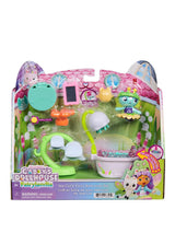 Gabby's Dollhouse Fairylandia MerCat's Fairy Bathroom packaging showing MerCat, the lavender bathtub, green bathroom stand, pink mirror, orange flower seat, brush and accessories