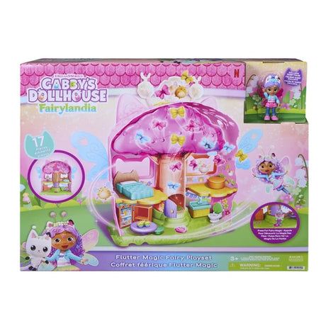 Gabby's Dollhouse Fairylandia Flutter Magic Fairy Playset packaging showing the pink playset and Gabby figure