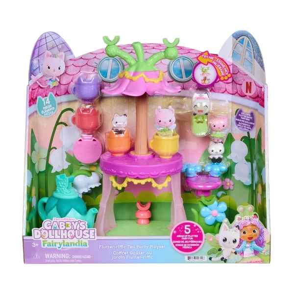 Front of Gabby's Dollhouse Fairylandia Flutter-riffic Tea Party Playset retail packaging, showing the pink fairy garden tea party set and miniature Gabby Cats.
