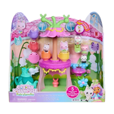 Front of Gabby's Dollhouse Fairylandia Flutter-riffic Tea Party Playset retail packaging, showing the pink fairy garden tea party set and miniature Gabby Cats.