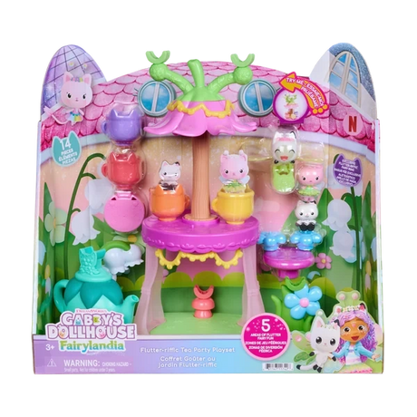 Front of Gabby's Dollhouse Fairylandia Flutter-riffic Tea Party Playset retail packaging, showing the pink fairy garden tea party set and miniature Gabby Cats.