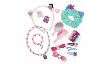 Gabby's Dollhouse Hair and Jewellery Set with cat ear headband, scrunchie, mirror, comb, jewellery, hair clips and colourful hair elastics laid out together