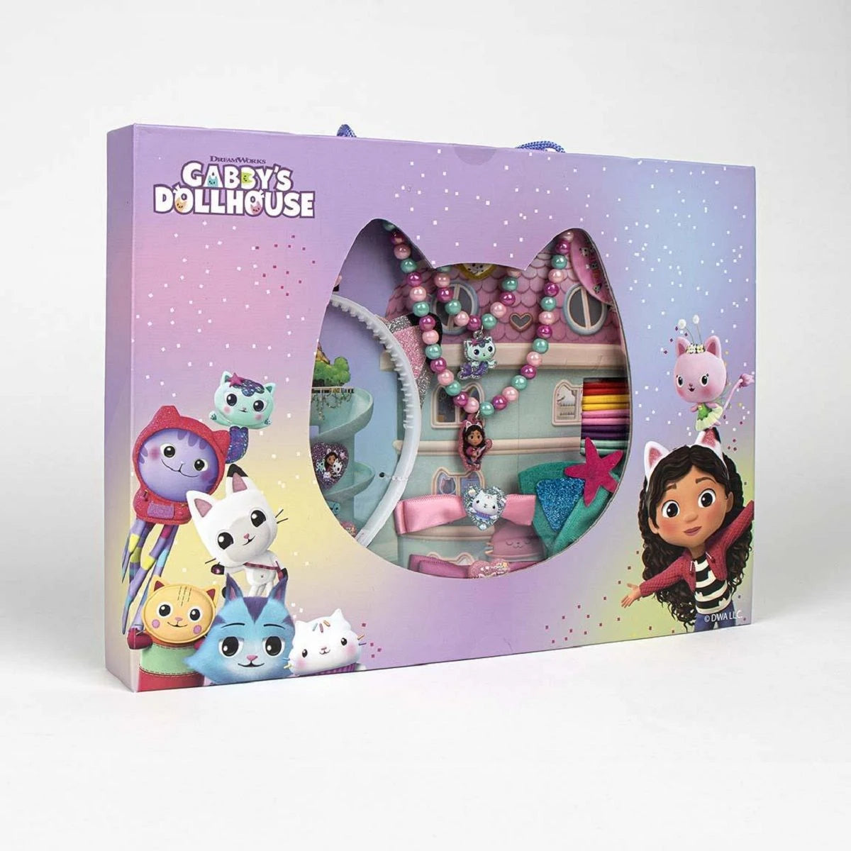 Gabby's Dollhouse Hair and Jewellery Set shown in its purple character presentation box with accessories visible through the front window