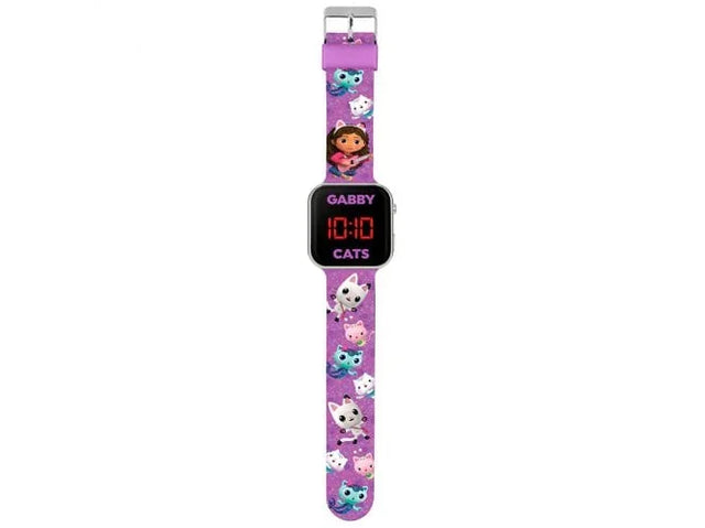 Gabby’s Dollhouse LED watch with purple strap showing Gabby and cat characters on white background in Ireland