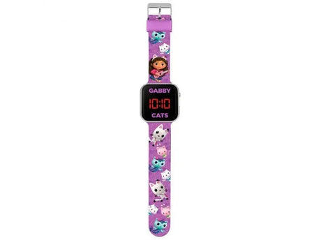 Full-length Gabby’s Dollhouse LED watch showing purple printed strap with cats and Gabby in Ireland