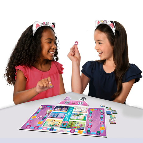 Children playing Gabby's Dollhouse Meow Mazing board game with headbands Ireland