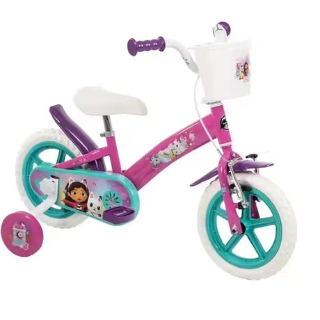 Gabby's Dollhouse 12 inch bike shown from a front angled view with stabilisers