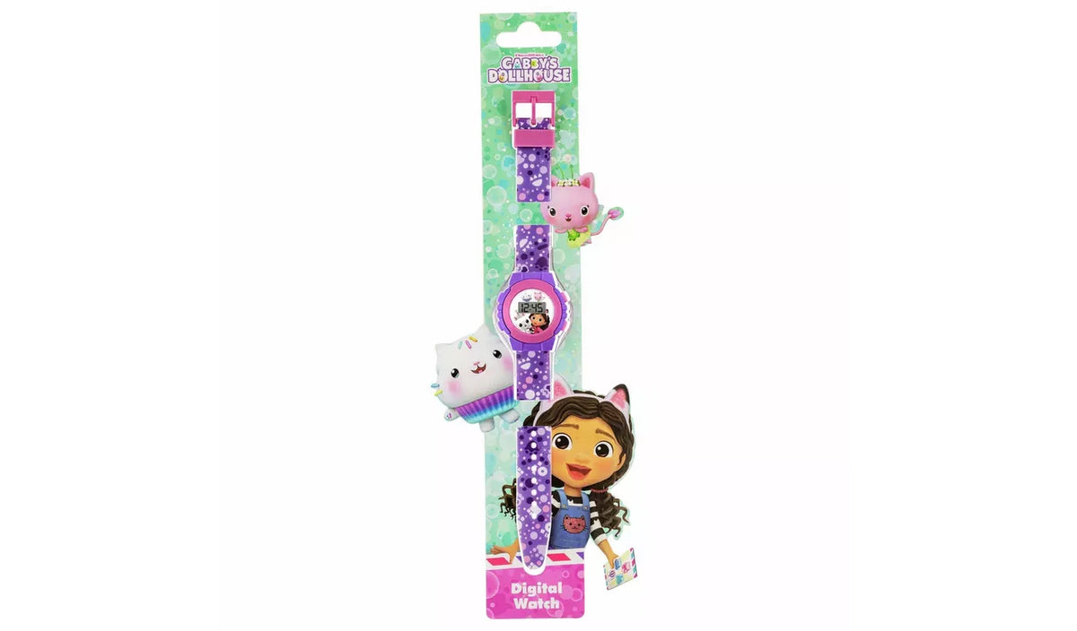 Gabby's Dollhouse Purple Digital Watch displayed on branded retail packaging with Gabby and cat artwork