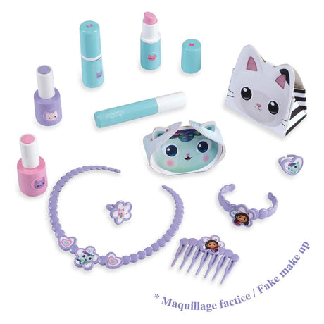 All 12 accessories included with the Smoby Gabby's Dollhouse Hairdresser Table Top, including pretend nail varnish, lipsticks, purple necklace, bracelet, rings, hair comb and cat-shaped mirror