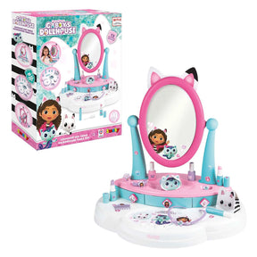 Smoby Gabby's Dollhouse Hairdresser Table Top shown alongside its retail box, displaying the full vanity set with cat ear mirror, teal supports and character-themed base