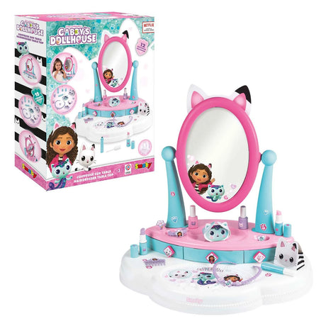 Smoby Gabby's Dollhouse Hairdresser Table Top shown alongside its retail box, displaying the full vanity set with cat ear mirror, teal supports and character-themed base