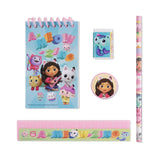 Gabby's Dollhouse five piece stationery set showing the notebook, pencil, ruler, eraser and sharpener