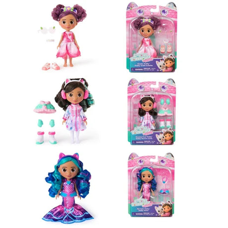 Three assorted Gabby’s Dollhouse The Movie mini dolls shown beside their box packaging