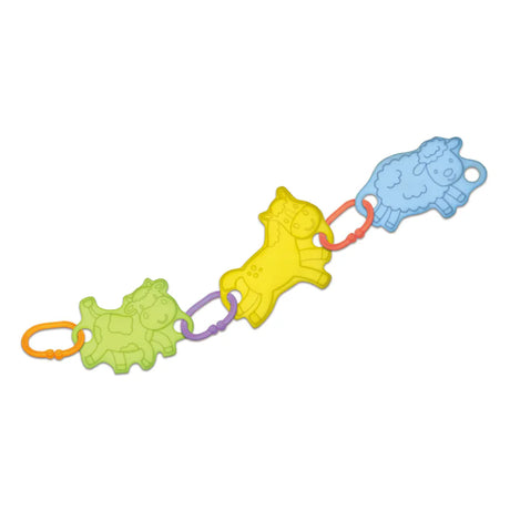 Three Galt Linkies animal shaped baby teethers connected together with coloured C shaped linking rings, forming a linked chain on a white background