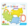 Galt Linkies baby teethers shown in retail packaging, with three animal shaped teethers in green, yellow and blue and three coloured linking rings visible