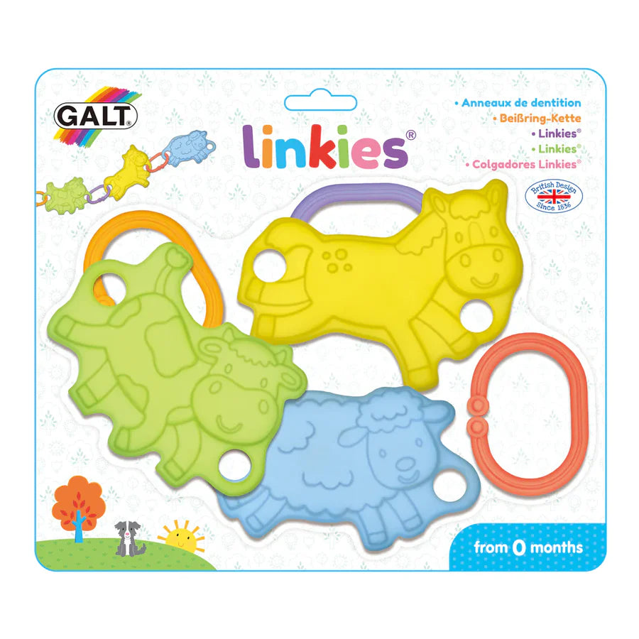 Galt Linkies baby teethers displayed in packaging, showing the three animal shaped teethers and separate coloured linking rings arranged inside the pack