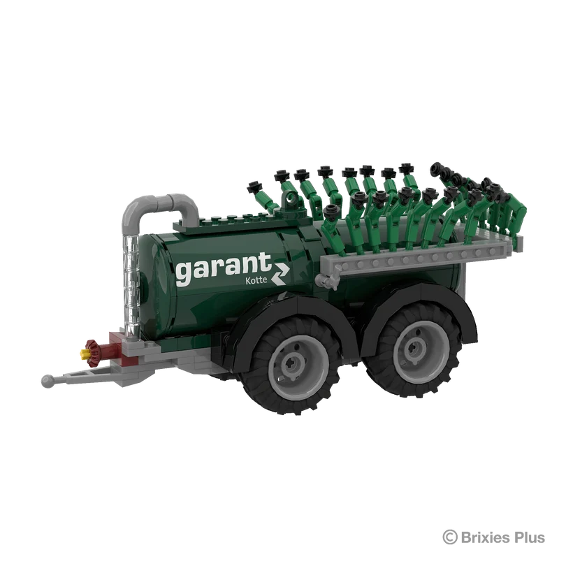 BRIXIES Plus Garant Kotte Vacuum Tanker viewed at an angle showing the green tank, tandem axle wheels, drawbar and folded spreading assembly