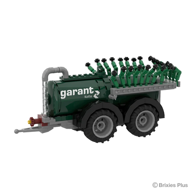 BRIXIES Plus Garant Kotte Vacuum Tanker viewed at an angle showing the green tank, tandem axle wheels, drawbar and folded spreading assembly