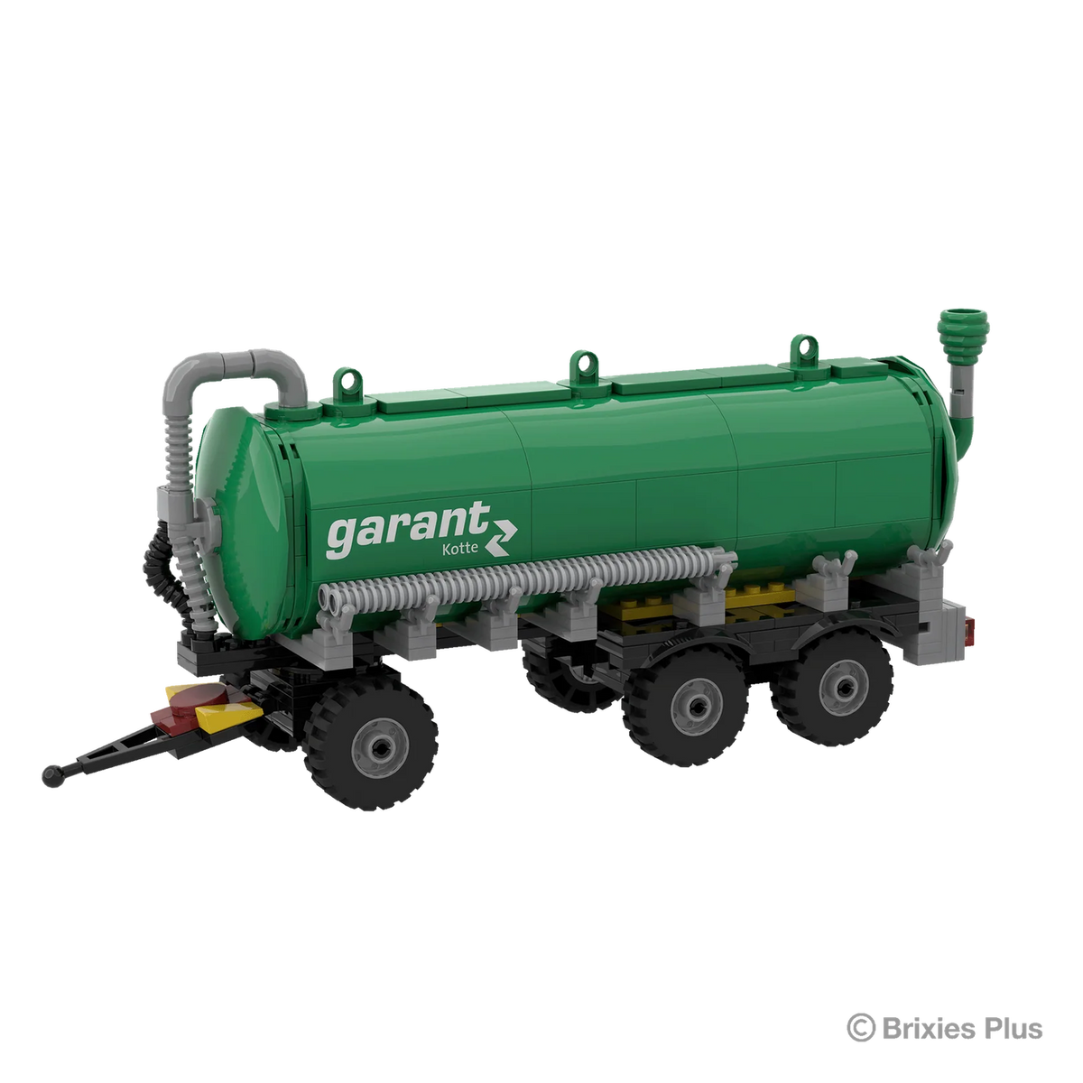 BRIXIES Plus Garant Kotte Slurry Tanker viewed from the drawbar end with the curved pipework, tank front, wheels and chassis visible