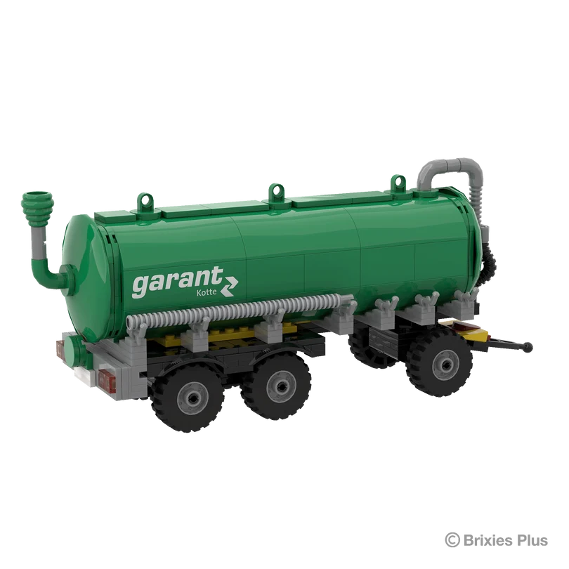 Front angled view of the BRIXIES Plus Garant Kotte Slurry Tanker showing the drawbar, front pipework, green tank body and three axle running gear