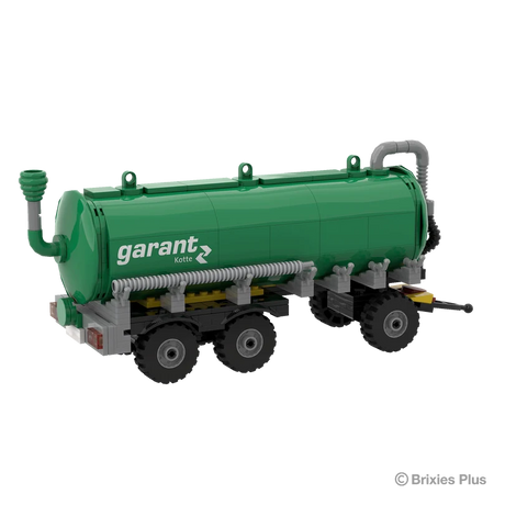 Front angled view of the BRIXIES Plus Garant Kotte Slurry Tanker showing the drawbar, front pipework, green tank body and three axle running gear