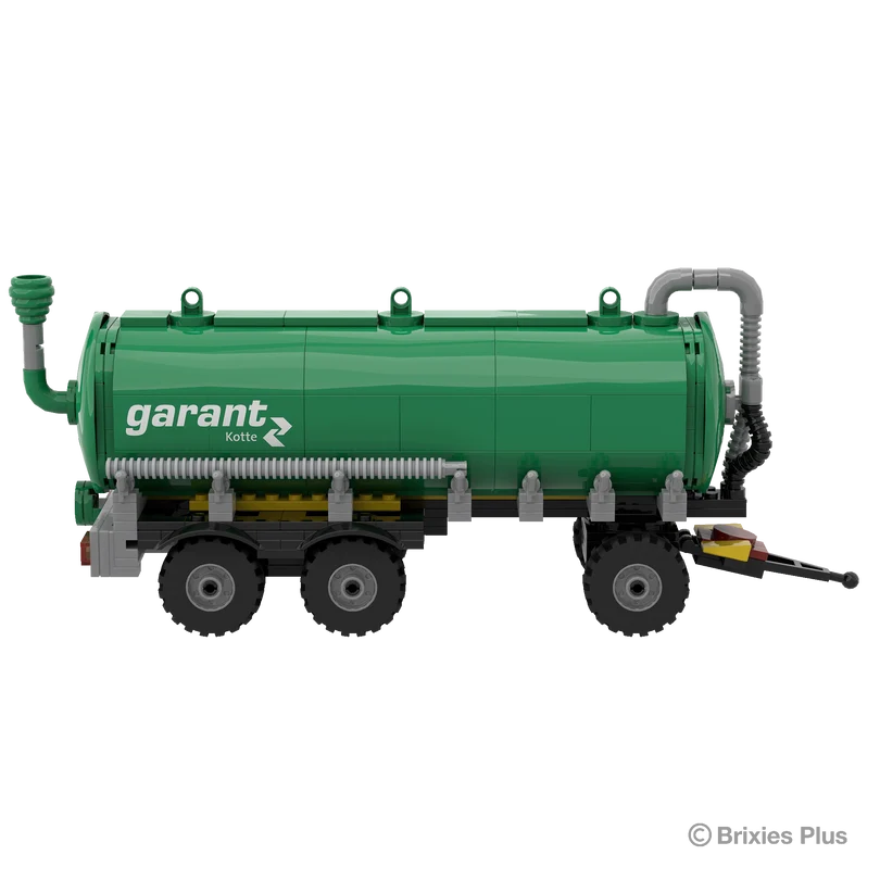 BRIXIES Plus Garant Kotte Slurry Tanker in left side profile showing the green cylindrical tank, Garant Kotte branding, triple axle layout and drawbar
