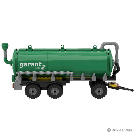 BRIXIES Plus Garant Kotte Slurry Tanker in left side profile showing the green cylindrical tank, Garant Kotte branding, triple axle layout and drawbar
