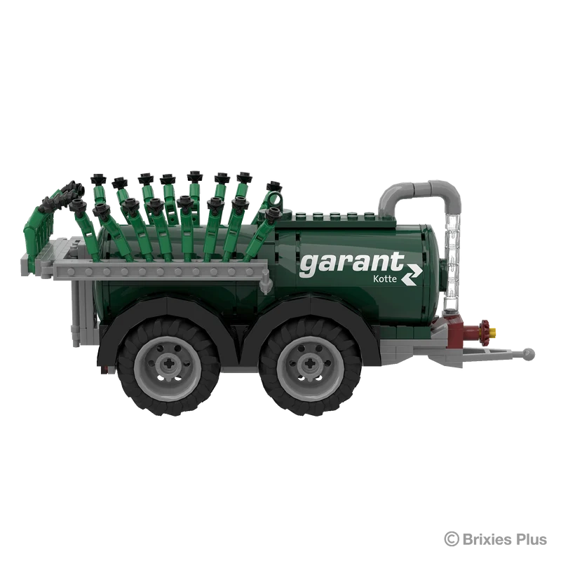 Side view of the BRIXIES Plus Garant Kotte Vacuum Tanker showing the Garant Kotte branding, green cylindrical tank, two axles and folded applicator