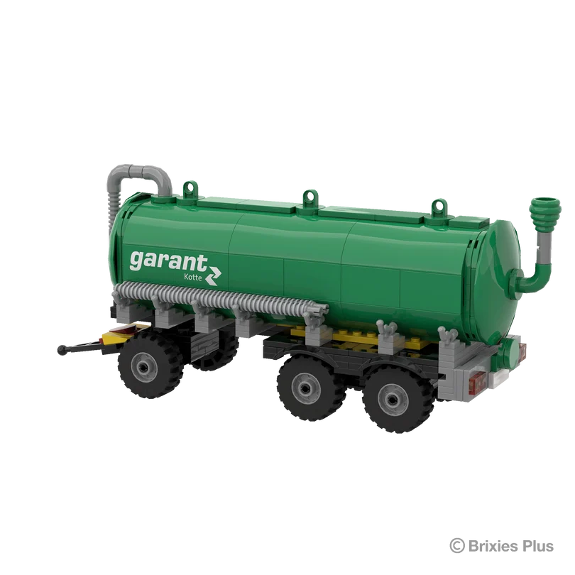Rear angled view of the BRIXIES Plus Garant Kotte Slurry Tanker showing the rounded tank end, rear fittings, pipework and triple axle wheels