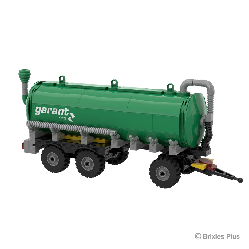Garant Kotte Slurry Tanker BRIXIES model viewed from the right front side showing the tank body, side hose detail, drawbar and three axles