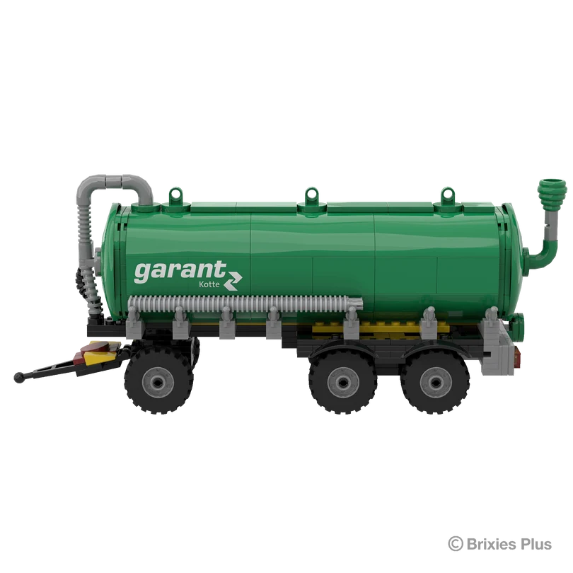 BRIXIES Plus Garant Kotte Slurry Tanker in right side profile with the Garant Kotte logo, green tank, drawbar, pipework and three axle chassis visible