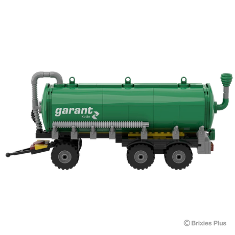 BRIXIES Plus Garant Kotte Slurry Tanker in right side profile with the Garant Kotte logo, green tank, drawbar, pipework and three axle chassis visible