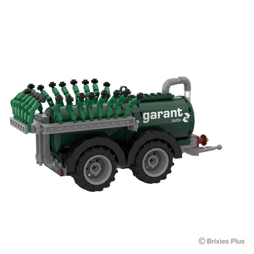 Garant Kotte Vacuum Tanker BRIXIES model viewed from the rear side with the spreading hoses folded upright above the tandem axle tanker